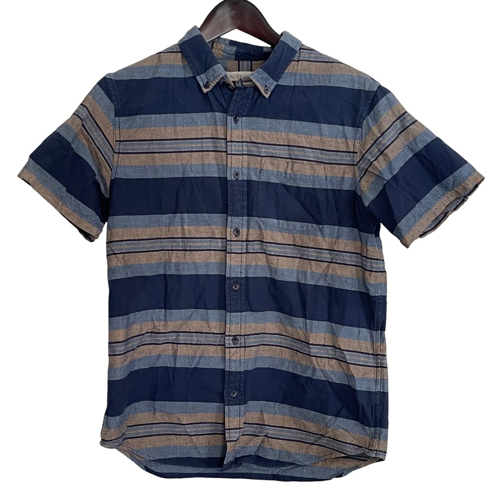 Outerknown Mens Striped Short Sleeve Button Up Shirt - Navy Blue,‎ Tan - Medium